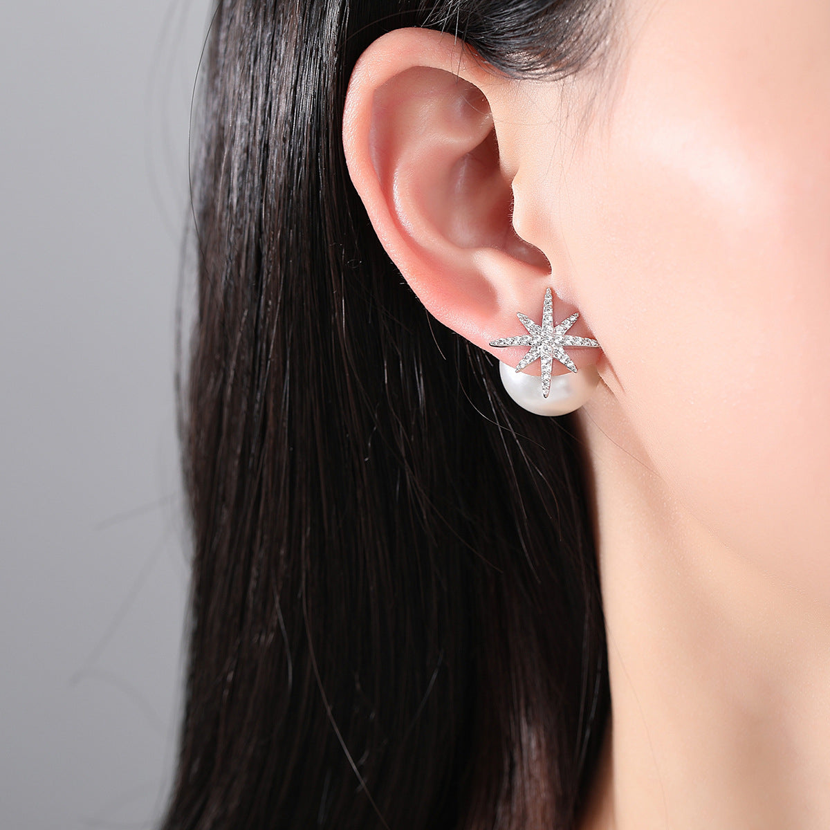 Cubic Zirconia and Pearl Silver-Plated Star Ear Jackets, silver stud earrings for women, vintage-inspired design, styled look
