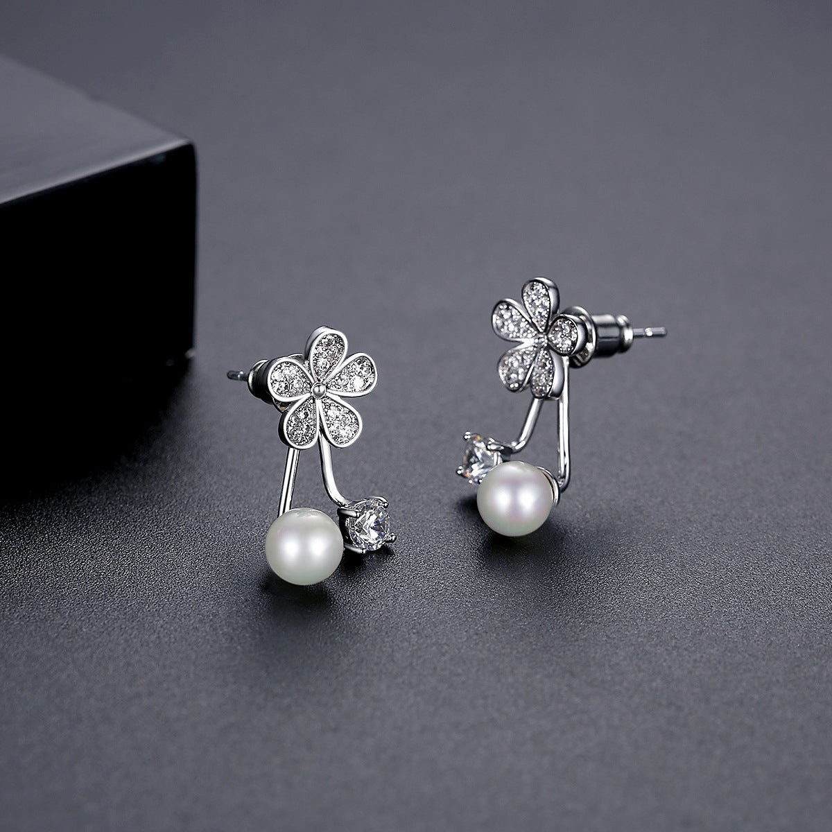 Cubic Zirconia and Pearl Silver-Plated Flower Ear Jackets, silver drop earrings for women, elegant gift for her, side view