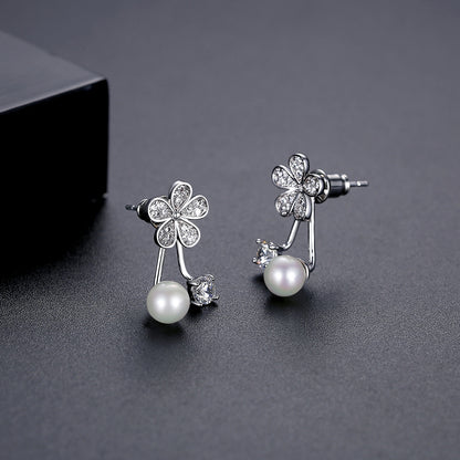 Cubic Zirconia and Pearl Silver-Plated Flower Ear Jackets, silver drop earrings for women, elegant gift for her, side view