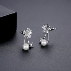 Cubic Zirconia & Pearl Silver-Plated Flower Ear Jackets