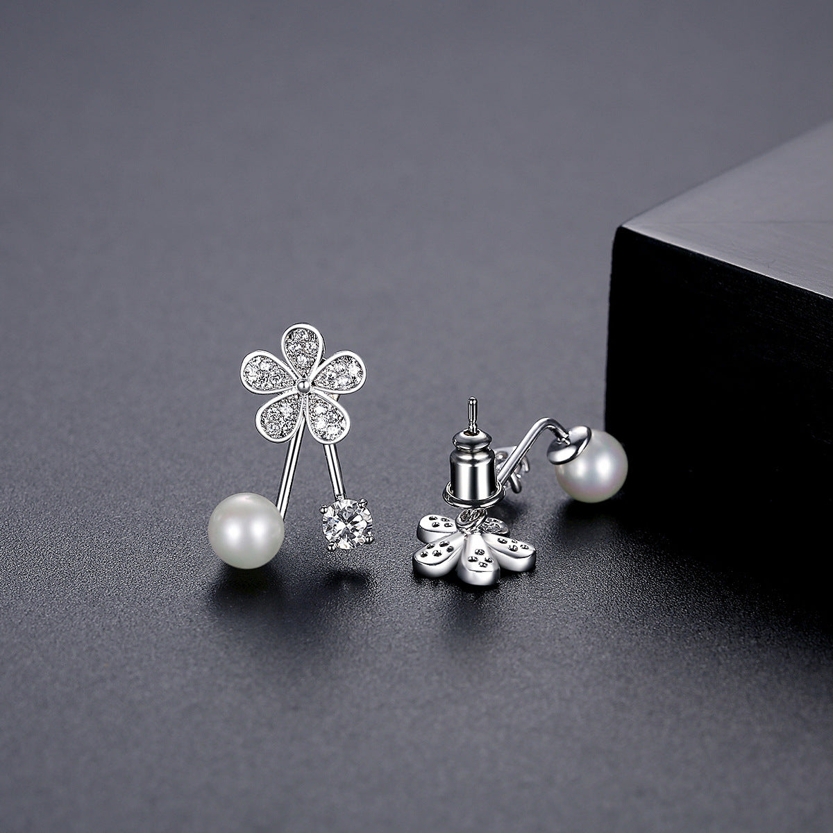 Cubic Zirconia and Pearl Silver-Plated Flower Ear Jackets, silver drop earrings for women, detail close-up