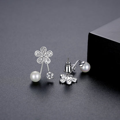 Cubic Zirconia and Pearl Silver-Plated Flower Ear Jackets, silver drop earrings for women, detail close-up
