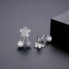 Cubic Zirconia & Pearl Silver-Plated Flower Ear Jackets