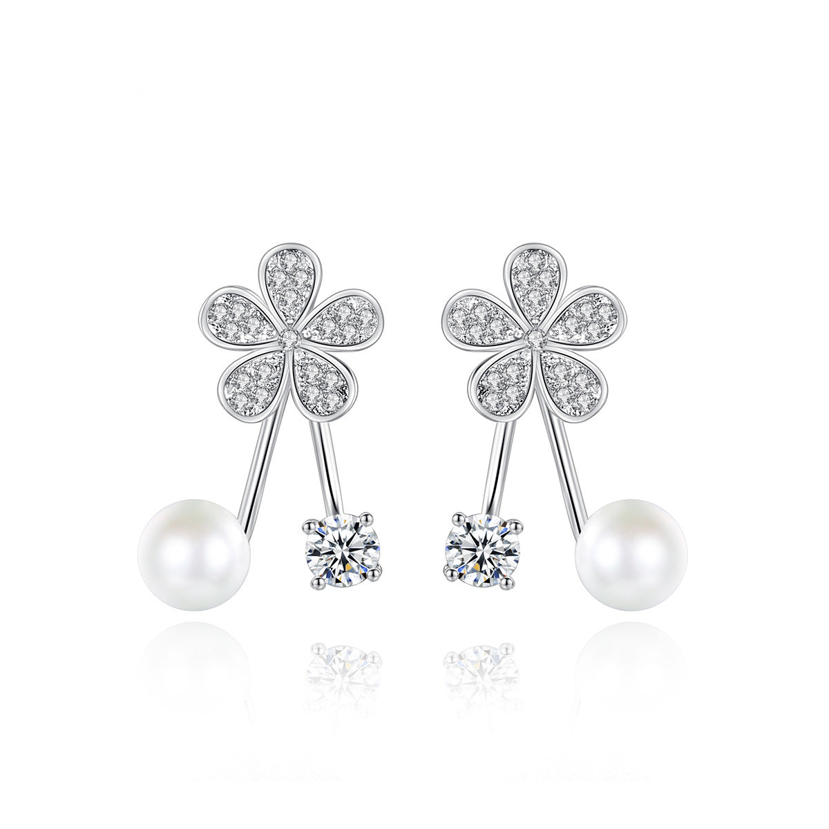 Cubic Zirconia and Pearl Silver-Plated Flower Ear Jackets, silver drop earrings for women, elegant gift for her, front view