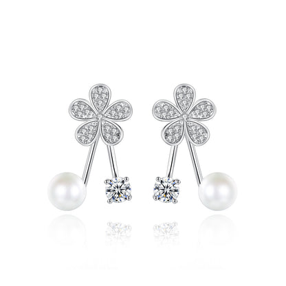 Cubic Zirconia and Pearl Silver-Plated Flower Ear Jackets, silver drop earrings for women, elegant gift for her, front view
