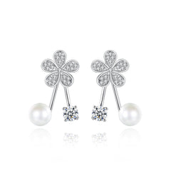 Cubic Zirconia & Pearl Silver-Plated Flower Ear Jackets