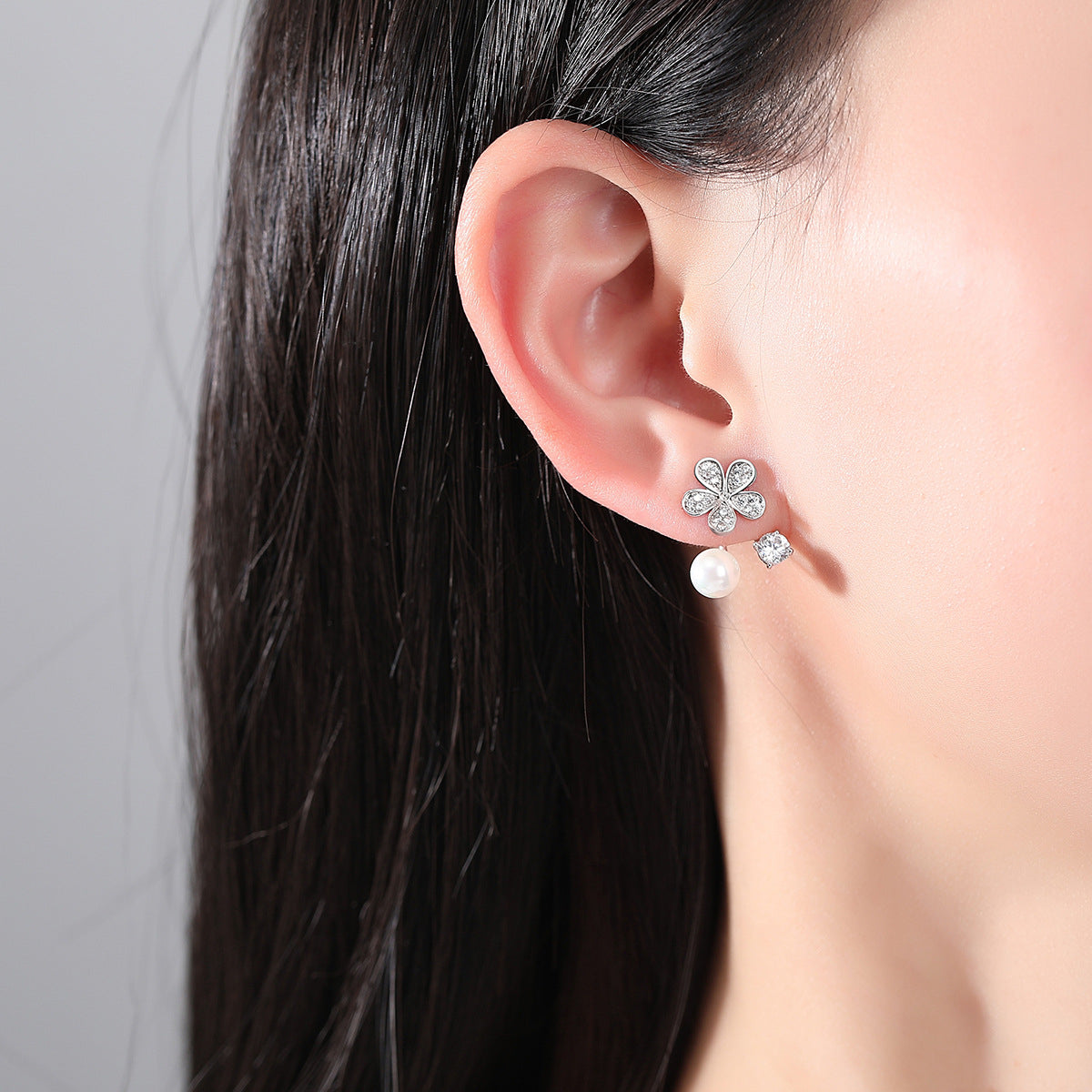 Cubic Zirconia & Pearl Silver-Plated Flower Ear Jackets