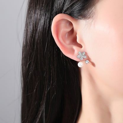 Cubic Zirconia and Pearl Silver-Plated Flower Ear Jackets, silver drop earrings for women, lifestyle look