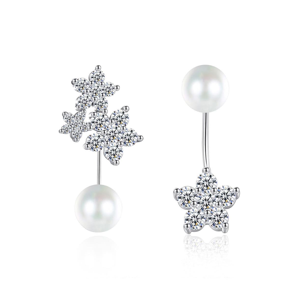 Cubic Zirconia and Pearl Silver-Plated Flower Drop Earrings, silver drop earrings for women, front view