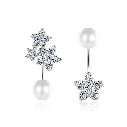 Cubic Zirconia and Pearl Silver-Plated Flower Drop Earrings, silver drop earrings for women, front view