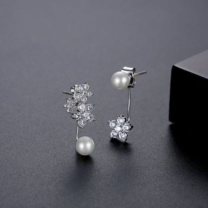 Cubic Zirconia and Pearl Silver-Plated Flower Drop Earrings, silver drop earrings for women, detail close-up