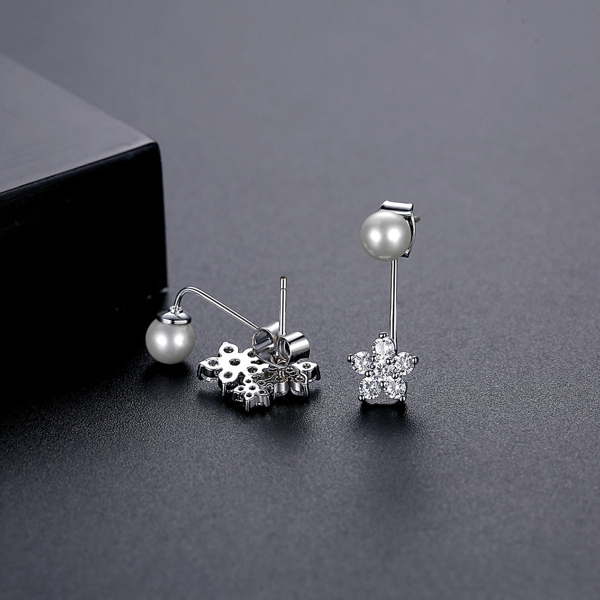 Cubic Zirconia and Pearl Silver-Plated Flower Drop Earrings, silver drop earrings for women, side view