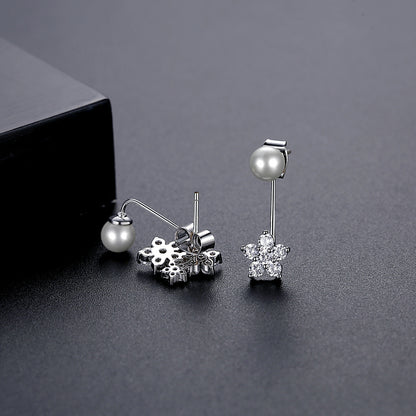 Cubic Zirconia and Pearl Silver-Plated Flower Drop Earrings, silver drop earrings for women, side view