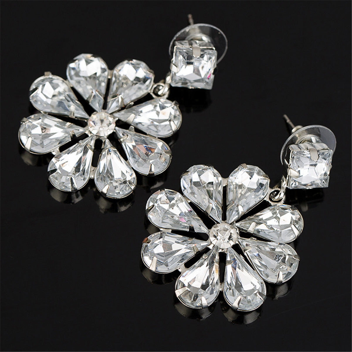 Cubic Zirconia and Crystal Flower Drop Earrings, drop earrings for women, vintage-inspired design, front view