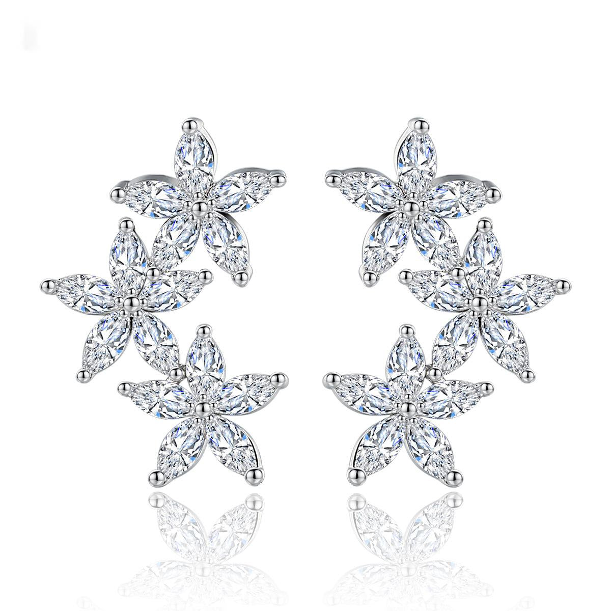 Crystal and Silver-Plated Flowers Ear Climbers, silver stud earrings for women, everyday style, front view