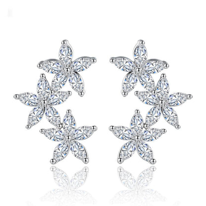 Crystal and Silver-Plated Flowers Ear Climbers, silver stud earrings for women, everyday style, front view