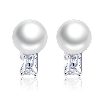 Pearl and Crystal Silver-Plated Stud Earrings, cubic zirconia stud earrings for women, elegant gift for her, side view
