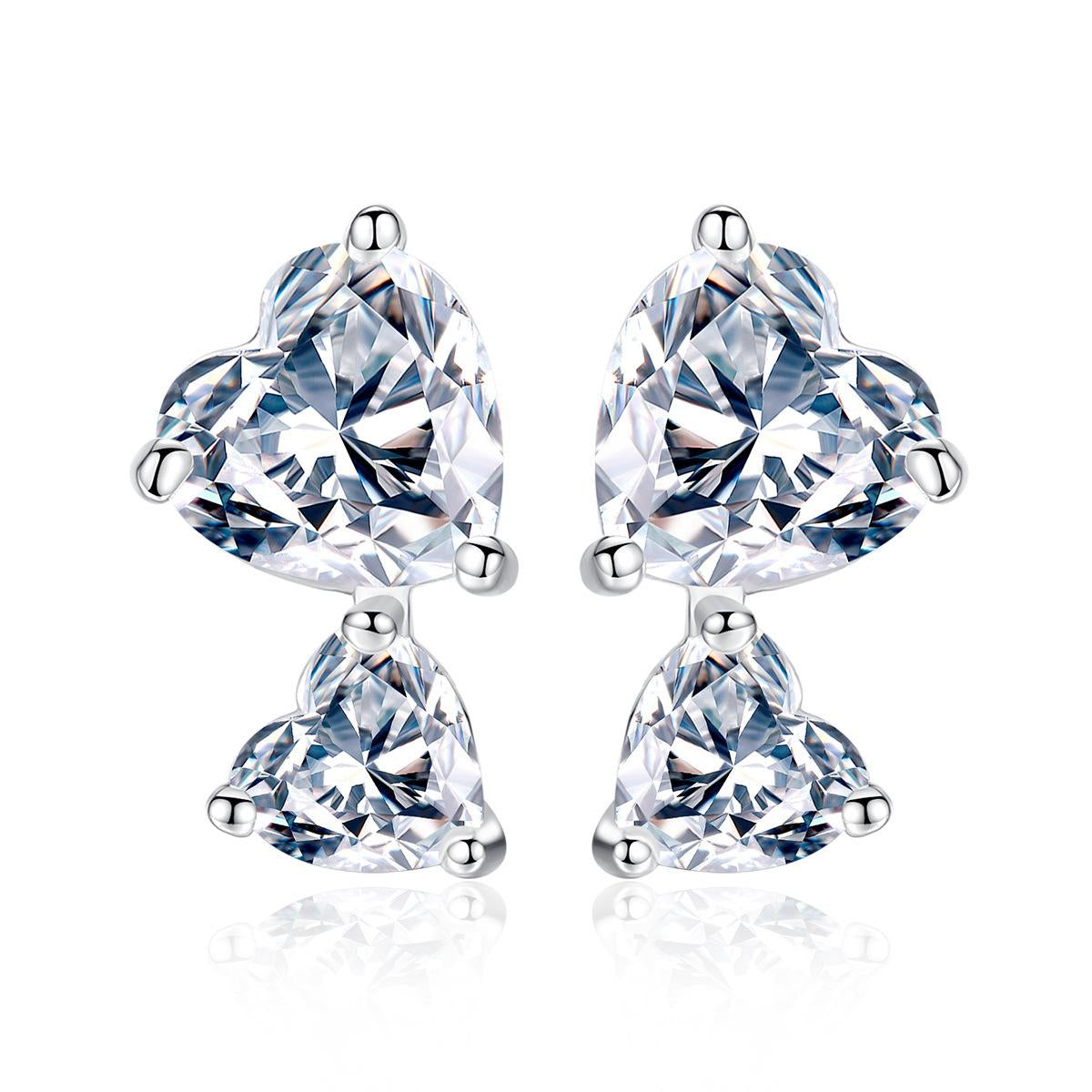 Crystal and Silver-Plated Double Heart Stud Earrings, silver stud earrings for women, elegant gift for her, side view
