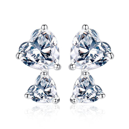 Crystal and Silver-Plated Double Heart Stud Earrings, silver stud earrings for women, elegant gift for her, side view