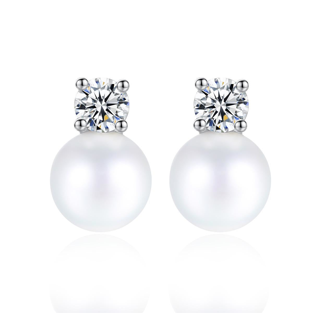 Pearl and Cubic Zirconia Silver-Plated Stud Earrings, cubic zirconia stud earrings for women, elegant gift for her, side view