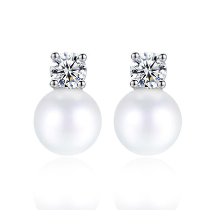 Pearl and Cubic Zirconia Silver-Plated Stud Earrings, cubic zirconia stud earrings for women, elegant gift for her, side view
