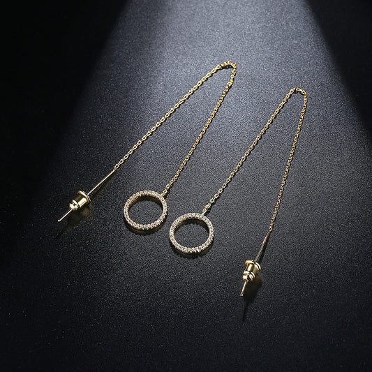 Cubic Zirconia and 18K Gold-Plated Open-Circle Threader Earrings, gold drop earrings for women, front view