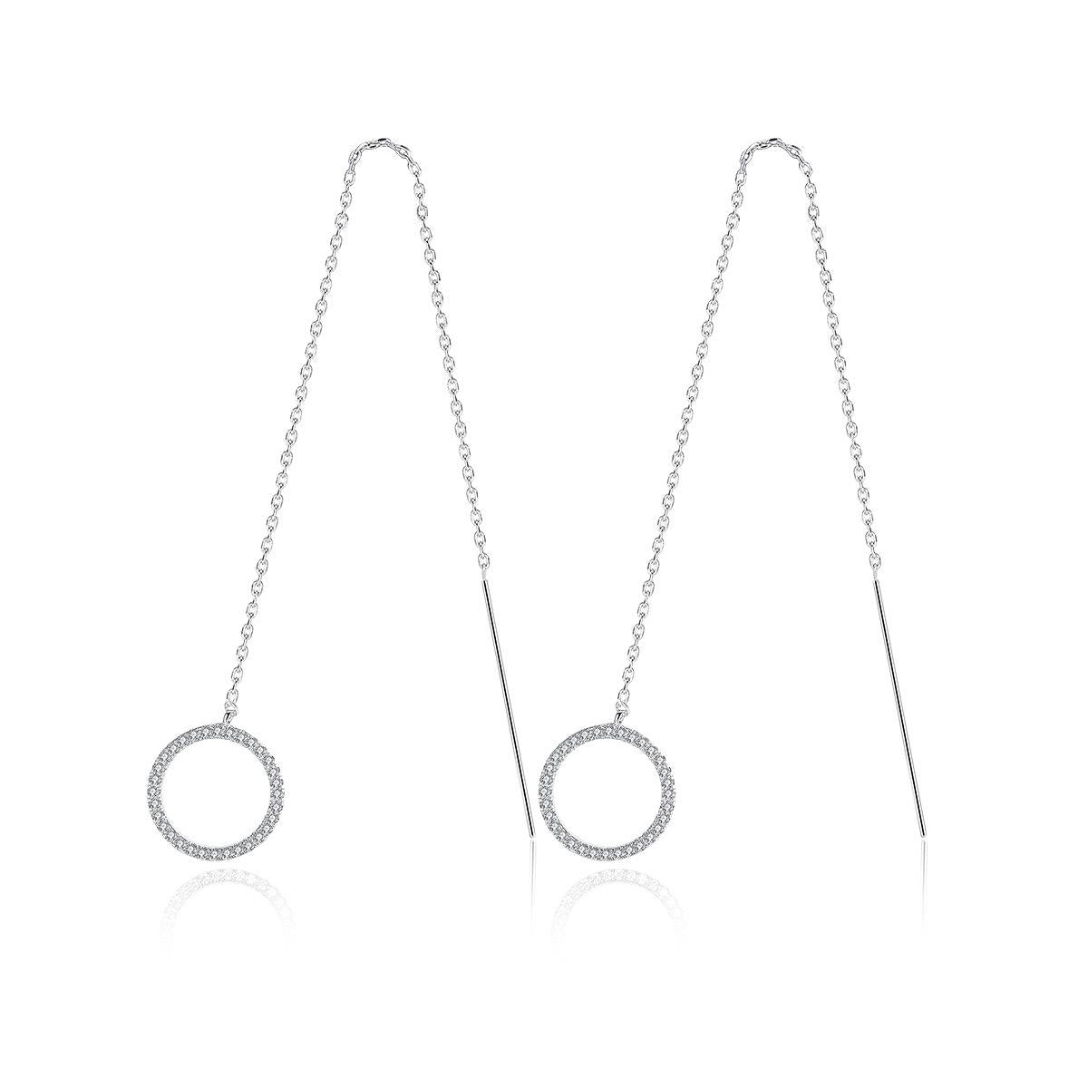 Cubic Zirconia and Silver-Plated Circle Threader Earrings, silver drop earrings for women, botanical inspired, front view