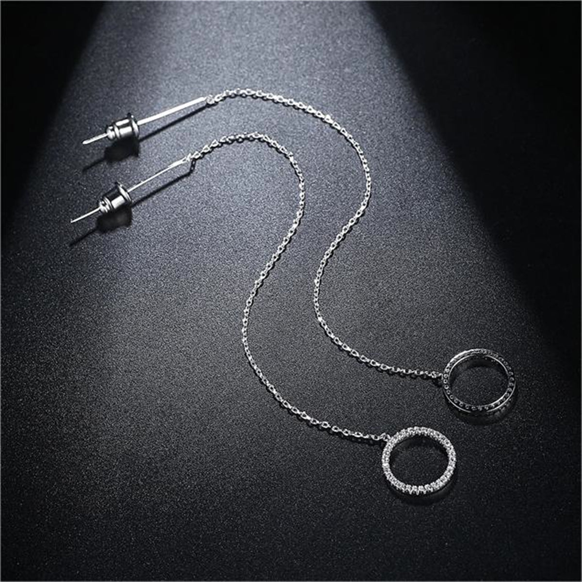 Cubic Zirconia and Silver-Plated Circle Threader Earrings, silver drop earrings for women, botanical inspired, side view