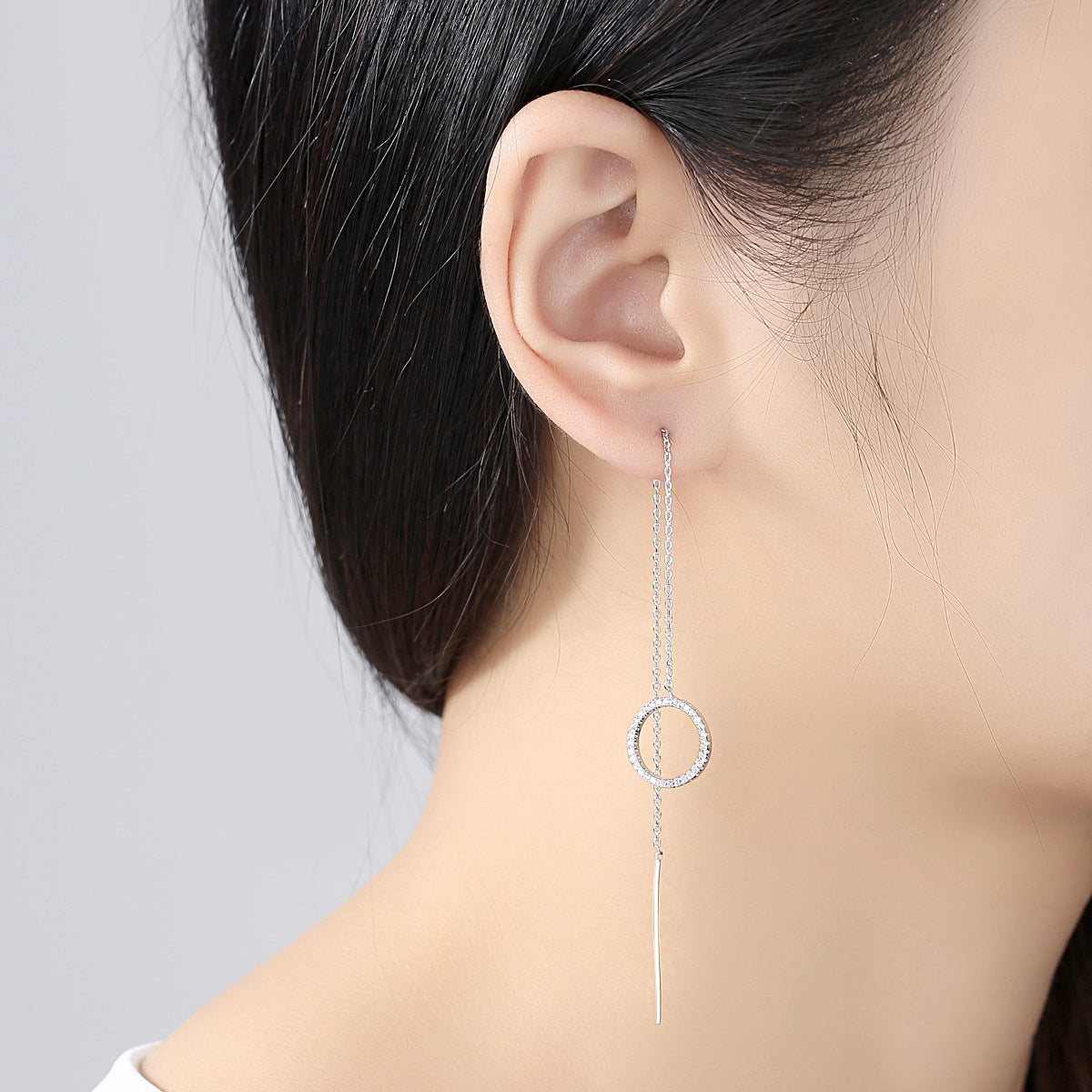 Cubic Zirconia and Silver-Plated Circle Threader Earrings, silver drop earrings for women, detail close-up