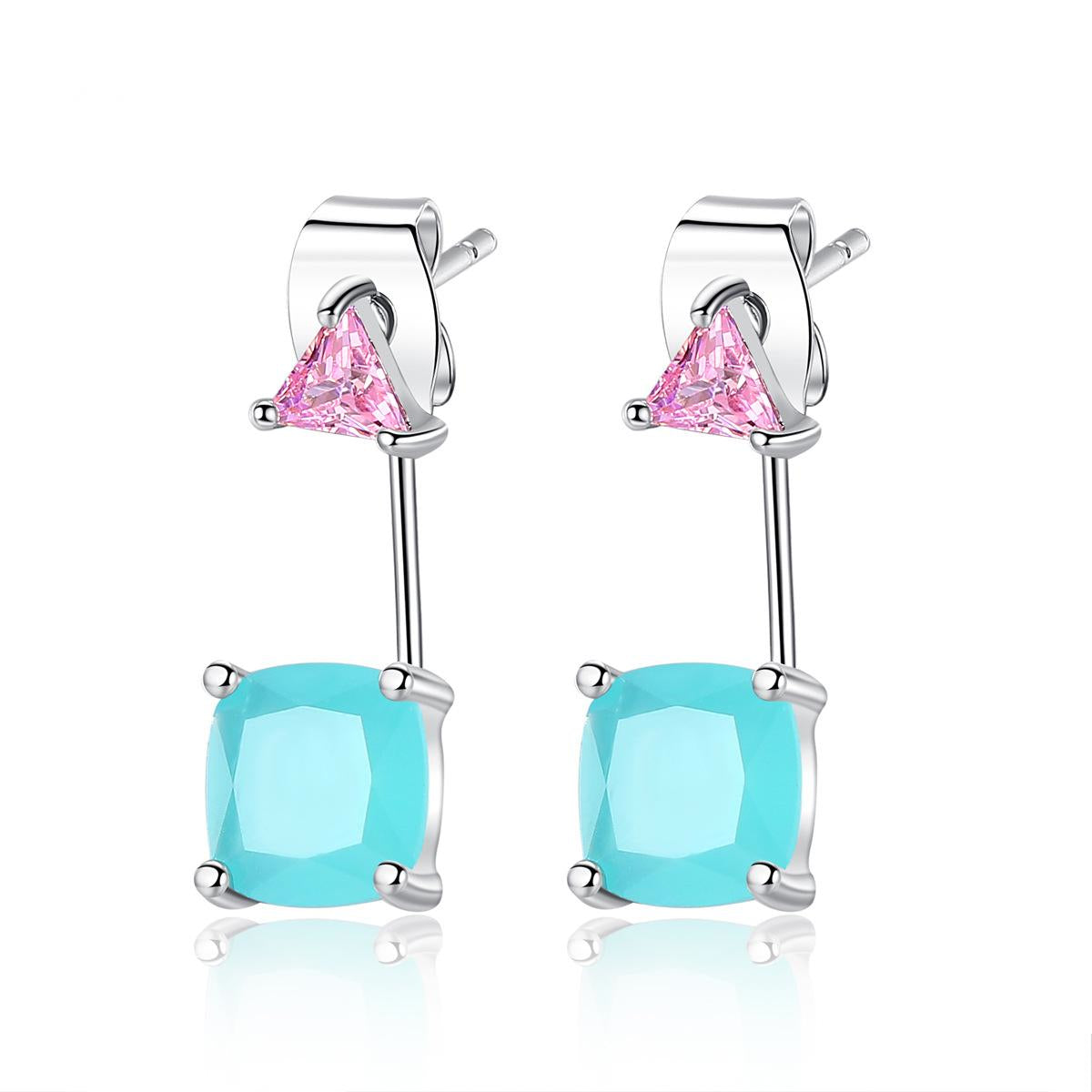 Blue Crystal and Silver-Plated Triangle Ear Jackets, silver drop earrings for women, dainty minimalist design, front view