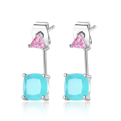 Blue Crystal and Silver-Plated Triangle Ear Jackets, silver drop earrings for women, dainty minimalist design, front view