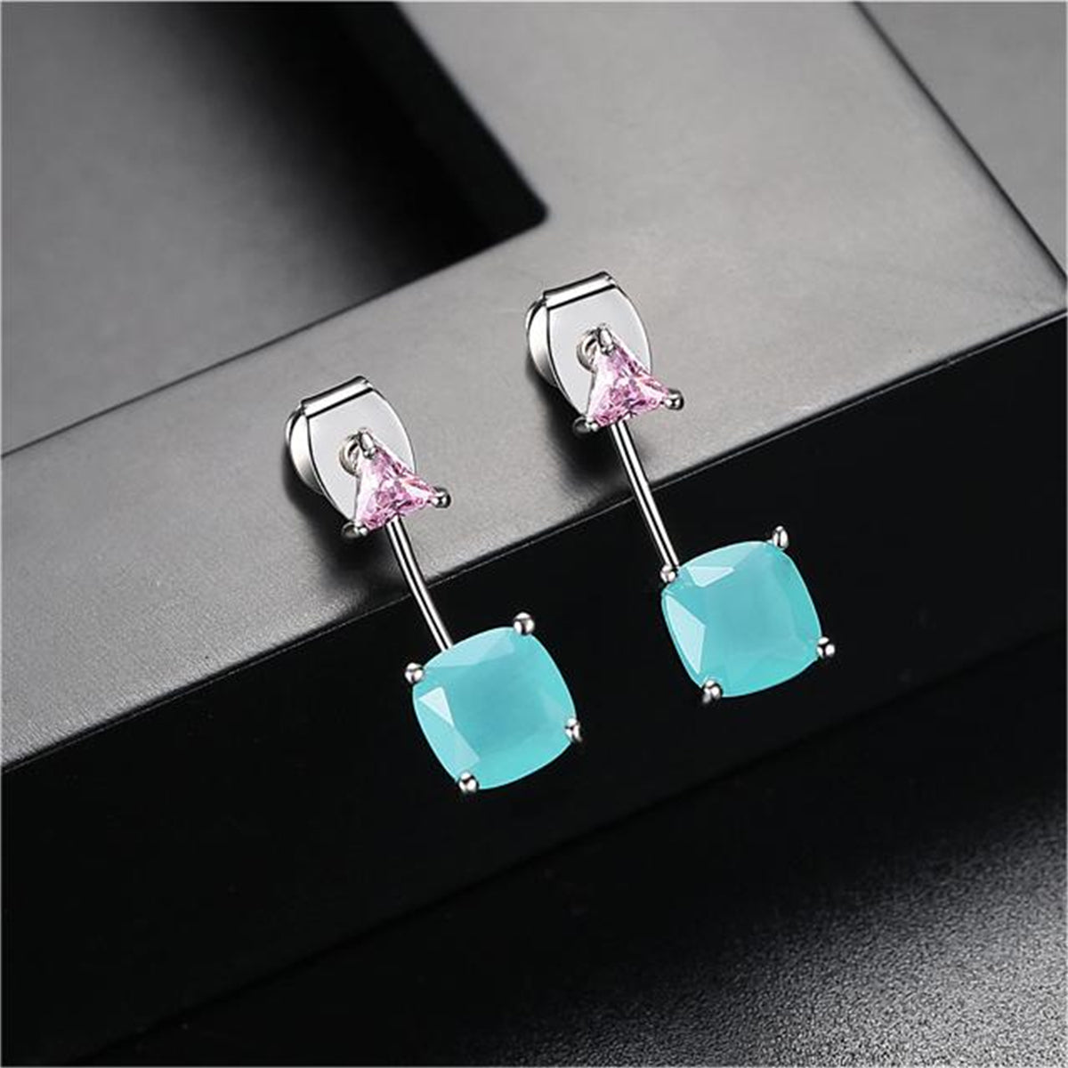 Blue Crystal and Silver-Plated Triangle Ear Jackets, silver drop earrings for women, dainty minimalist design, side view