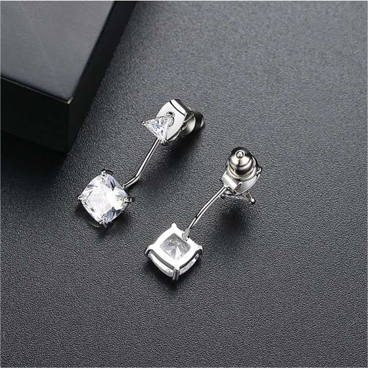 Crystal and Silver-Plated Triangle Ear Jackets, silver drop earrings for women, dainty minimalist design, front view