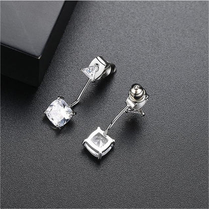 Crystal and Silver-Plated Triangle Ear Jackets, silver drop earrings for women, dainty minimalist design, front view