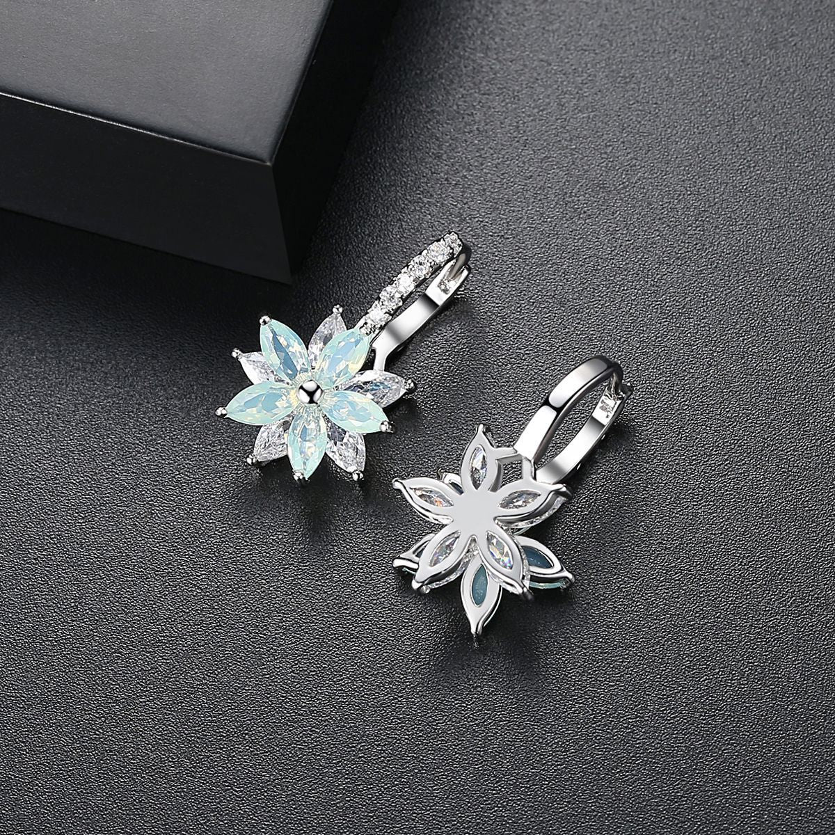 Green Crystal and Cubic Zirconia Flower Huggie Earrings, huggie earrings, vintage-inspired design, front view