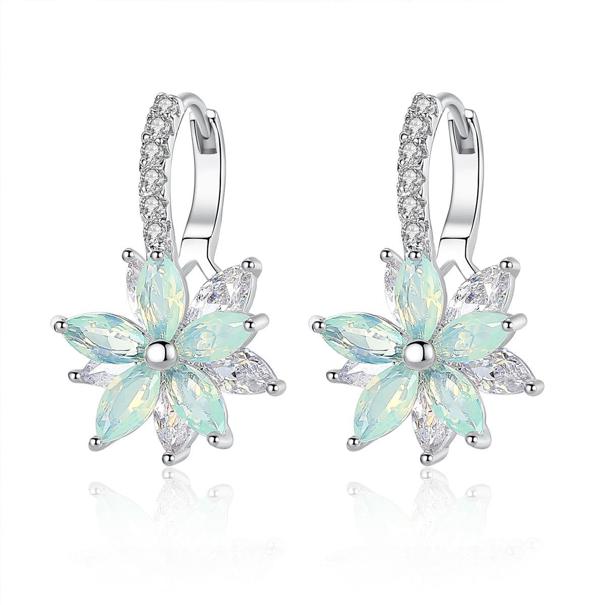 Green Crystal and Cubic Zirconia Flower Huggie Earrings, huggie earrings, vintage-inspired design, detail close-up
