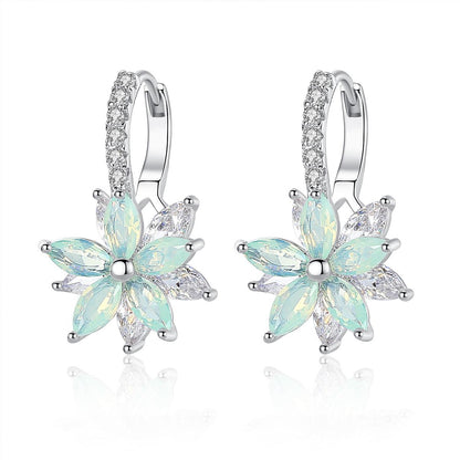Green Crystal and Cubic Zirconia Flower Huggie Earrings, huggie earrings, vintage-inspired design, detail close-up
