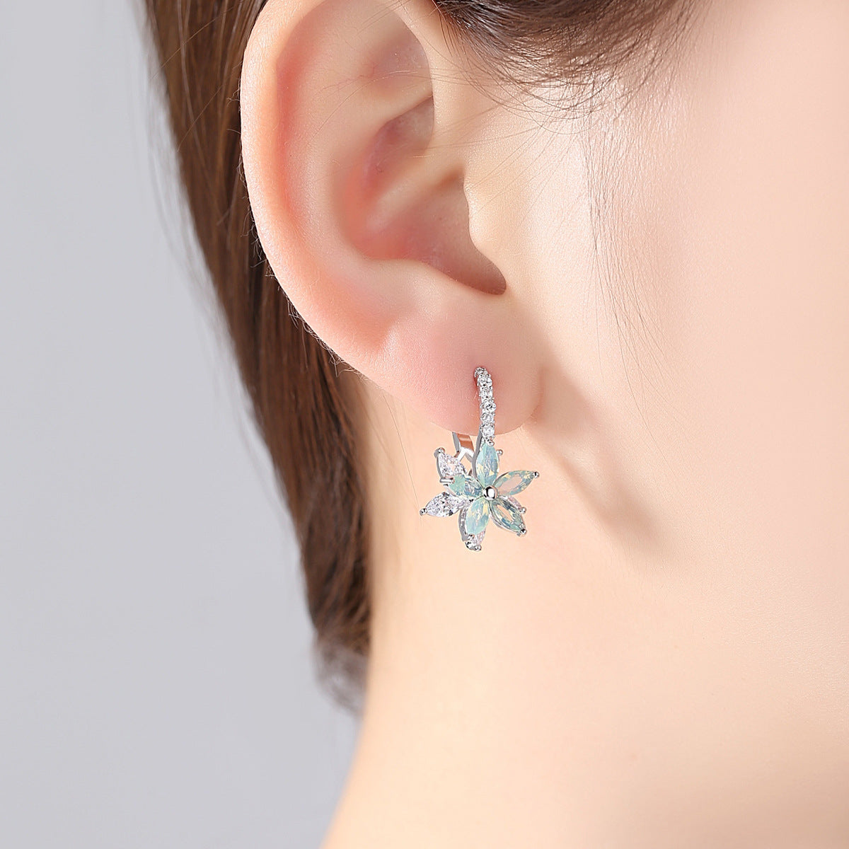 Green Crystal & Cubic Zirconia Flower Huggie Earrings