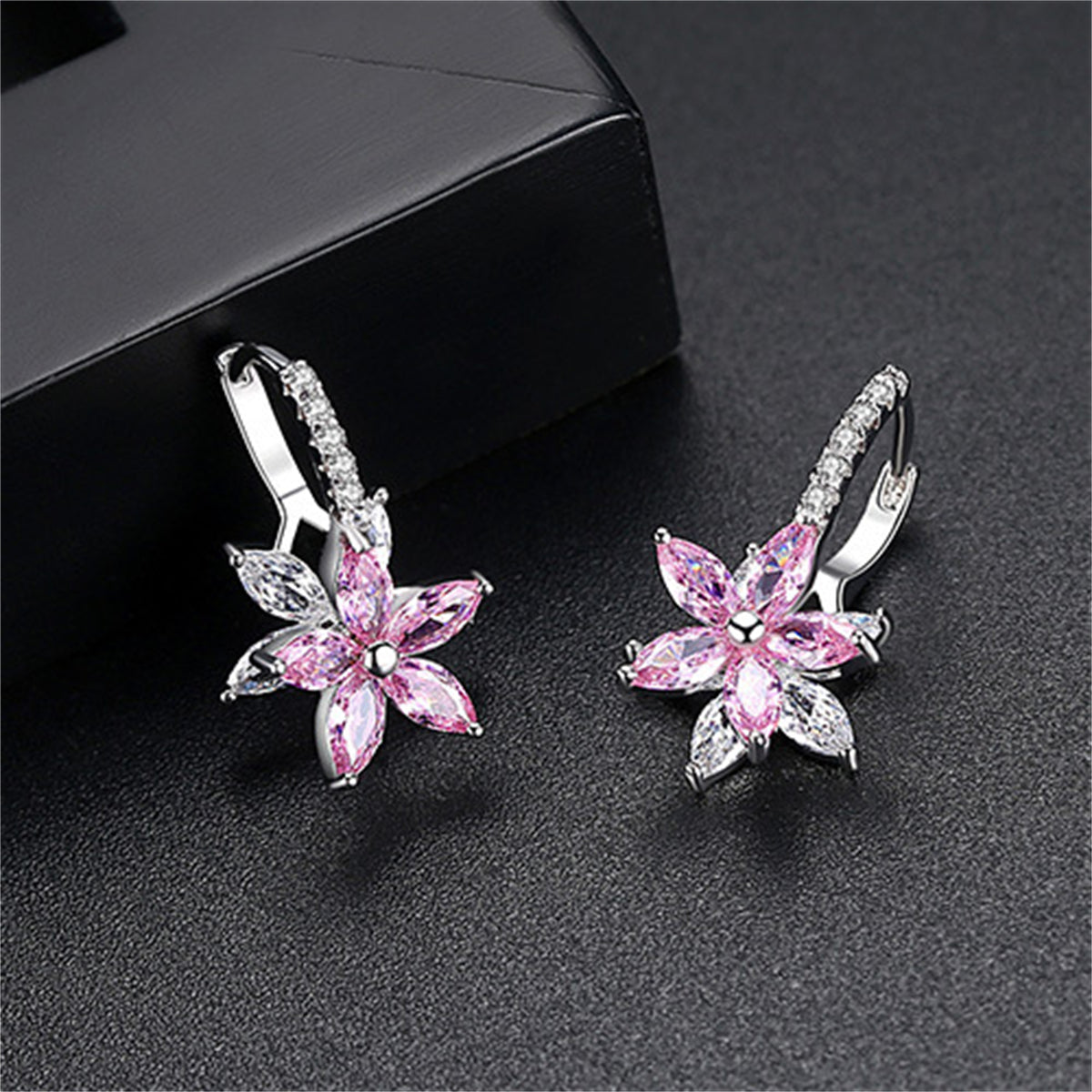 Pink Crystal and Cubic Zirconia Flower Huggie Earrings, huggie earrings, everyday style, front view