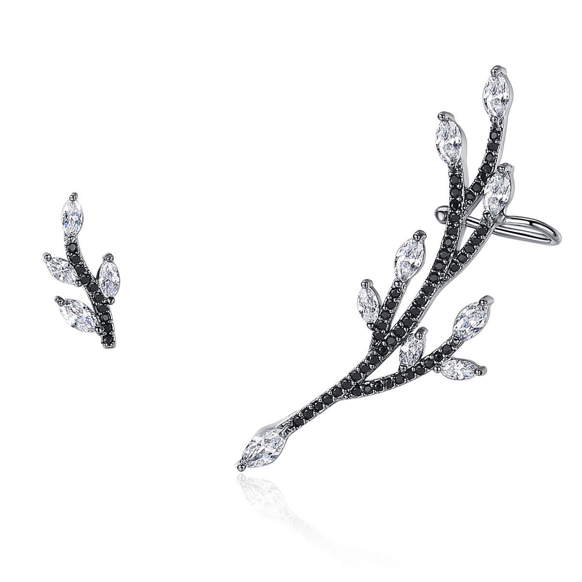 Crystal and Cubic Zirconia Branch Stud Earring and Ear Cuff, stud earrings for women, botanical inspired, detail close-up