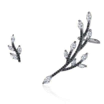 Crystal and Cubic Zirconia Branch Stud Earring and Ear Cuff, stud earrings for women, botanical inspired, detail close-up
