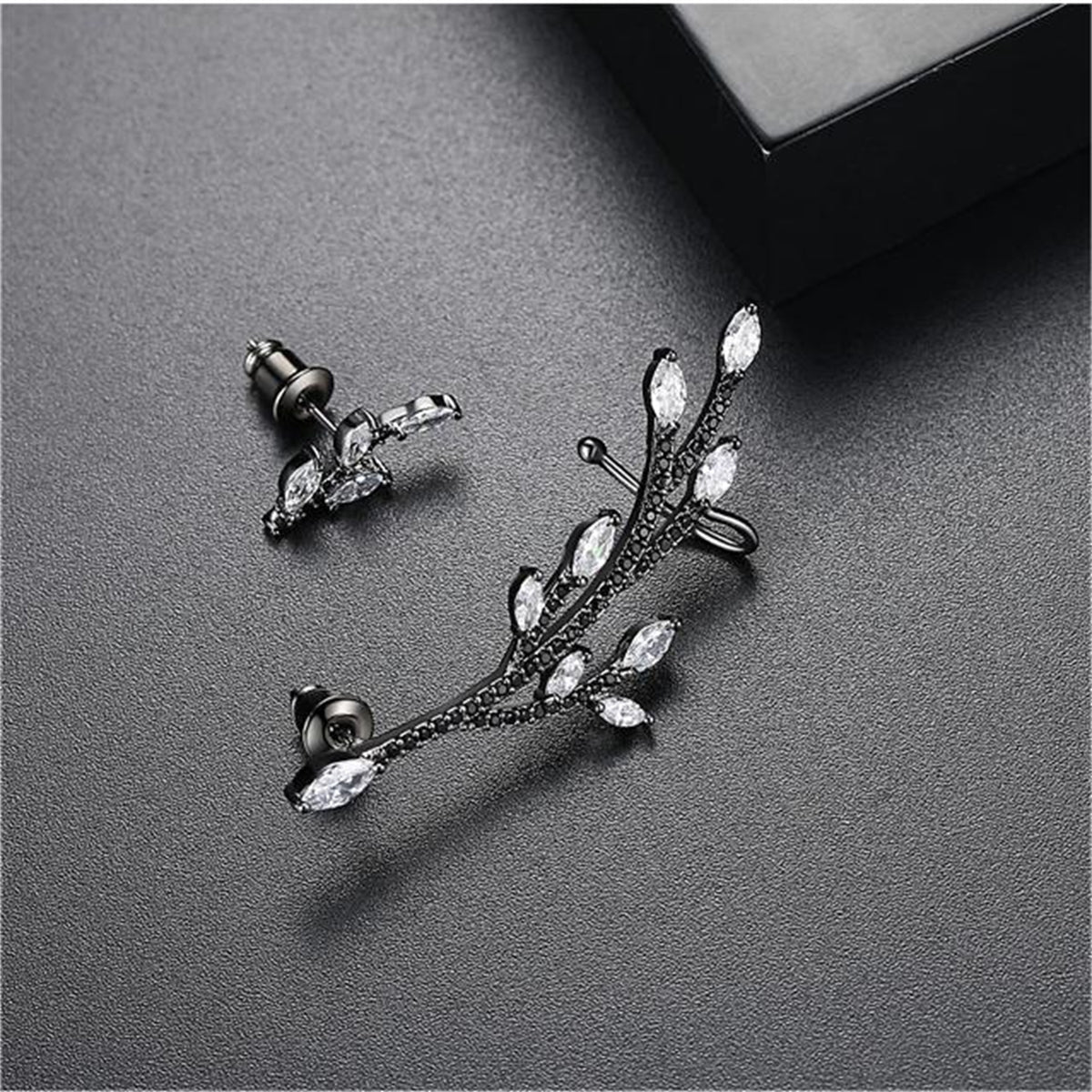 Crystal and Cubic Zirconia Branch Stud Earring and Ear Cuff, stud earrings for women, botanical inspired, side view
