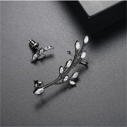 Crystal and Cubic Zirconia Branch Stud Earring and Ear Cuff, stud earrings for women, botanical inspired, side view