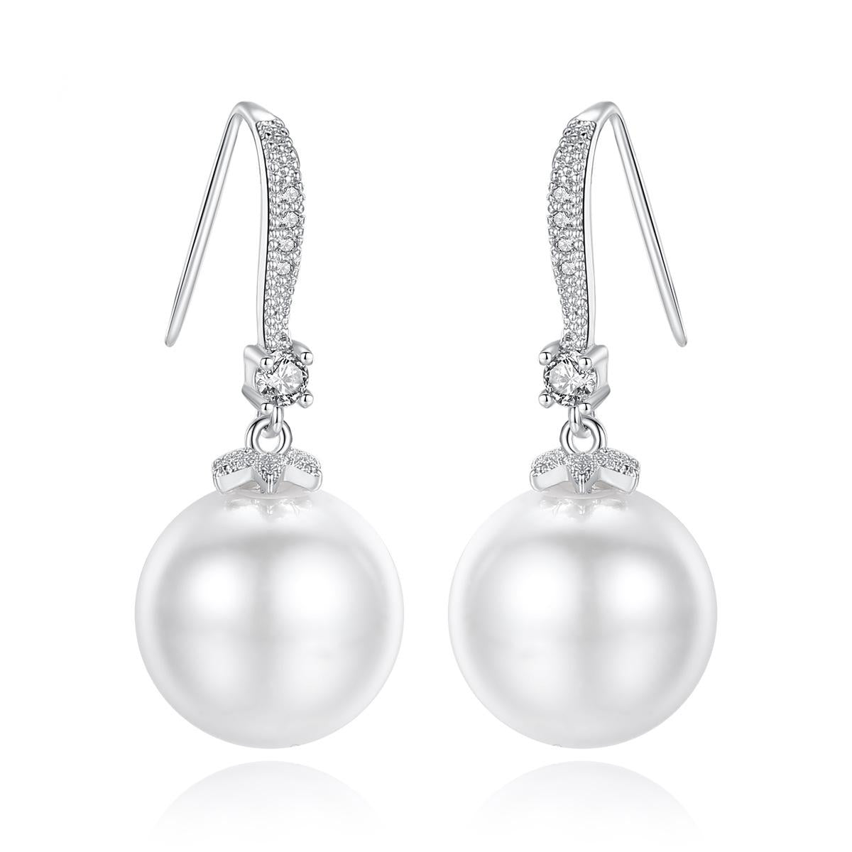 Cubic Zirconia and Pearl Silver-Plated Ball Drop Earrings, silver drop earrings for women, detail close-up