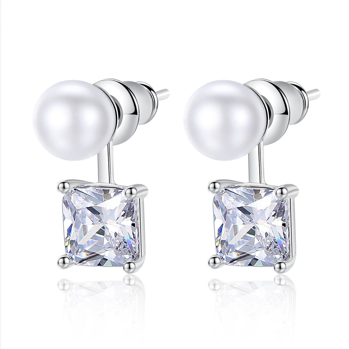 Crystal and Pearl Silver-Plated Princess-Cut Ear Jackets, elegant gift for her, side view