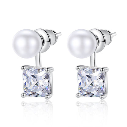 Crystal and Pearl Silver-Plated Princess-Cut Ear Jackets, elegant gift for her, side view