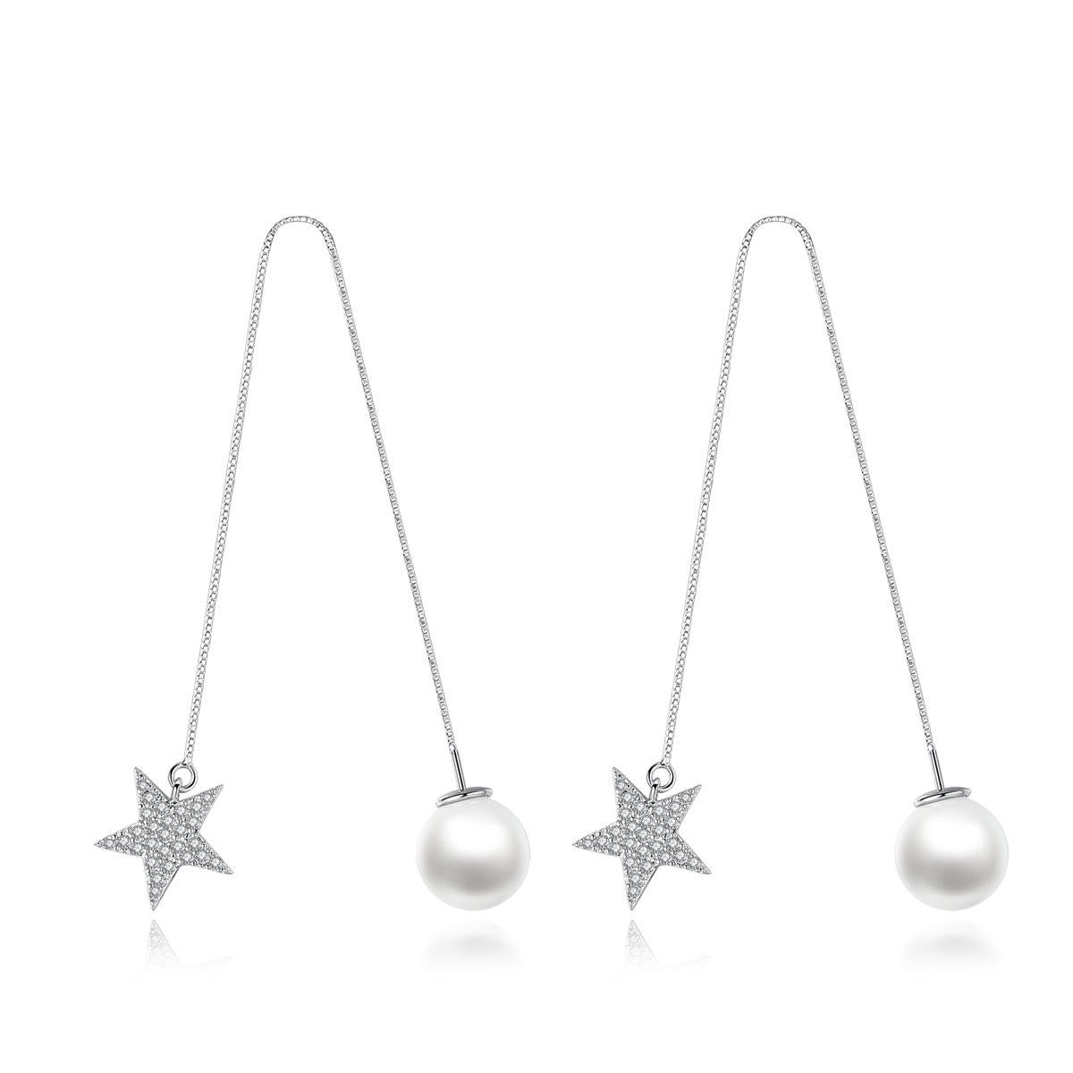 Cubic Zirconia and Pearl Silver-Plated Star Threader Earrings, silver drop earrings for women, everyday style, side view