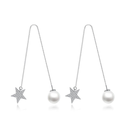 Cubic Zirconia and Pearl Silver-Plated Star Threader Earrings, silver drop earrings for women, everyday style, side view