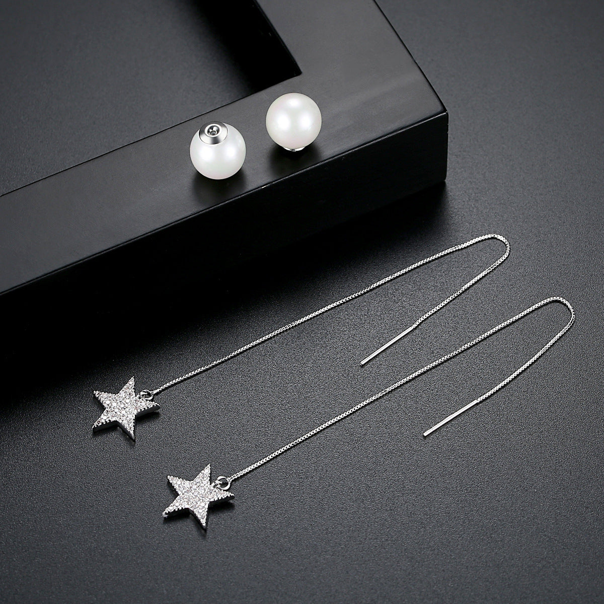 Cubic Zirconia and Pearl Silver-Plated Star Threader Earrings, silver drop earrings for women, detail close-up