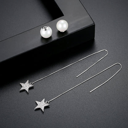 Cubic Zirconia and Pearl Silver-Plated Star Threader Earrings, silver drop earrings for women, detail close-up